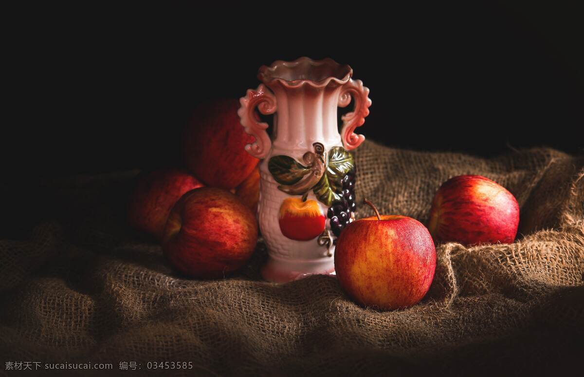 静物 苹果 花瓶 麻布 艺术 美术 光影 美术绘画 文化艺术