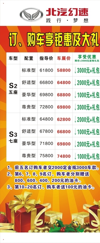 活动 展架 北汽幻速 红底 黄底 大礼包 车 4s店