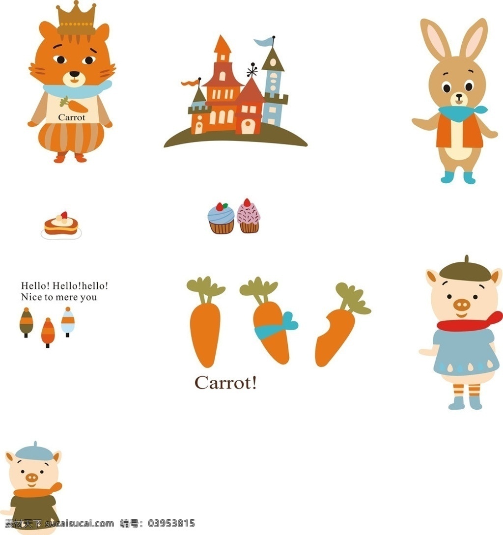 兔子 小猪 卡通素材 皇冠 城堡 胡萝卜 蛋糕 问候语 树木 英文字母 狸猫 矢量卡通 野生动物 生物世界 矢量