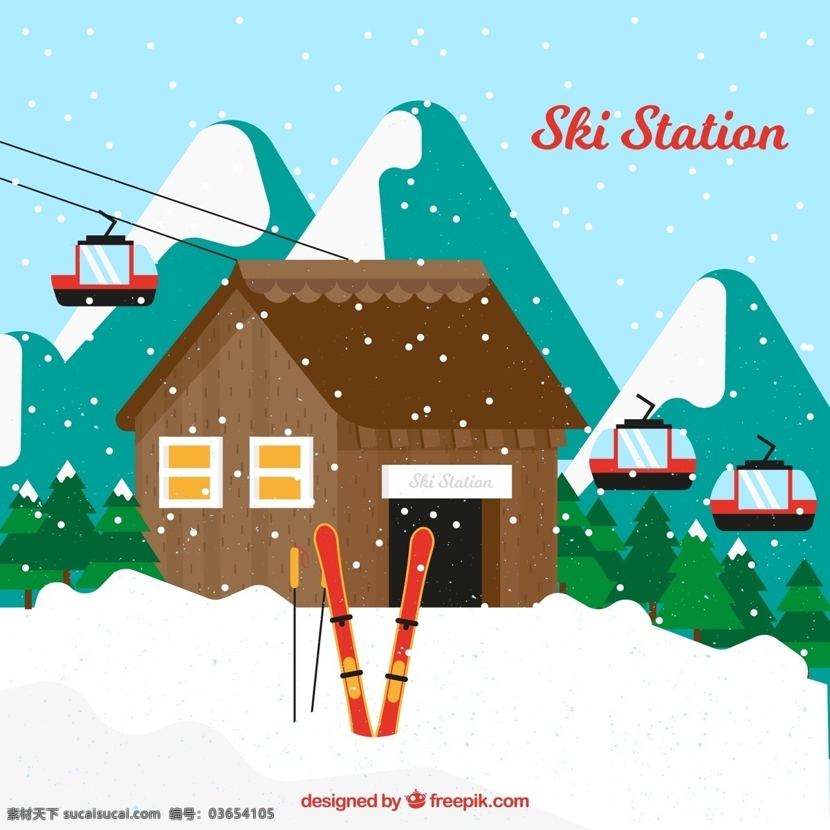 创意 雪 中 滑雪场 雪中 滑雪板 雪花 房屋 山 雪山 树林 松树 风景 自然景观 自然风光