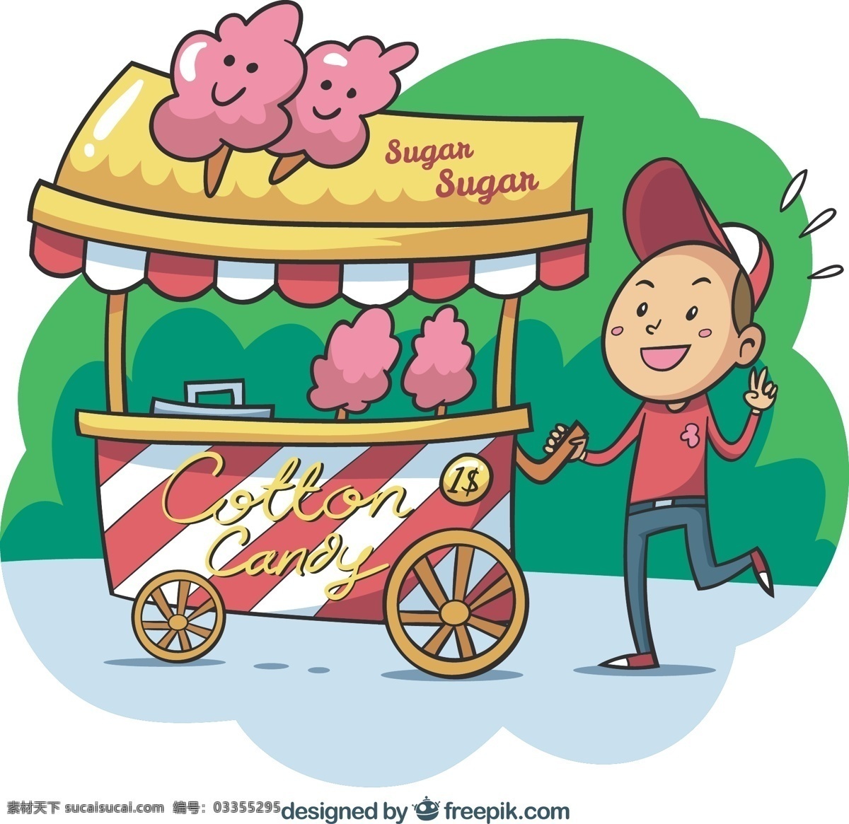 手 拉 棉花 糖 车 卖家 食物 卡通 手绘 微笑 快乐 糖果 彩色 画 甜 有趣 甜点 购物车 支架 吃