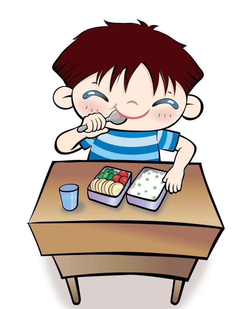 自己 吃饭 娃娃 自己吃饭 小学生 午餐 乖宝宝 独立生活 小男孩 勺子 米饭 快餐 水杯 桌子 卡通 儿童 漫画 插画 矢量图 卡通设计