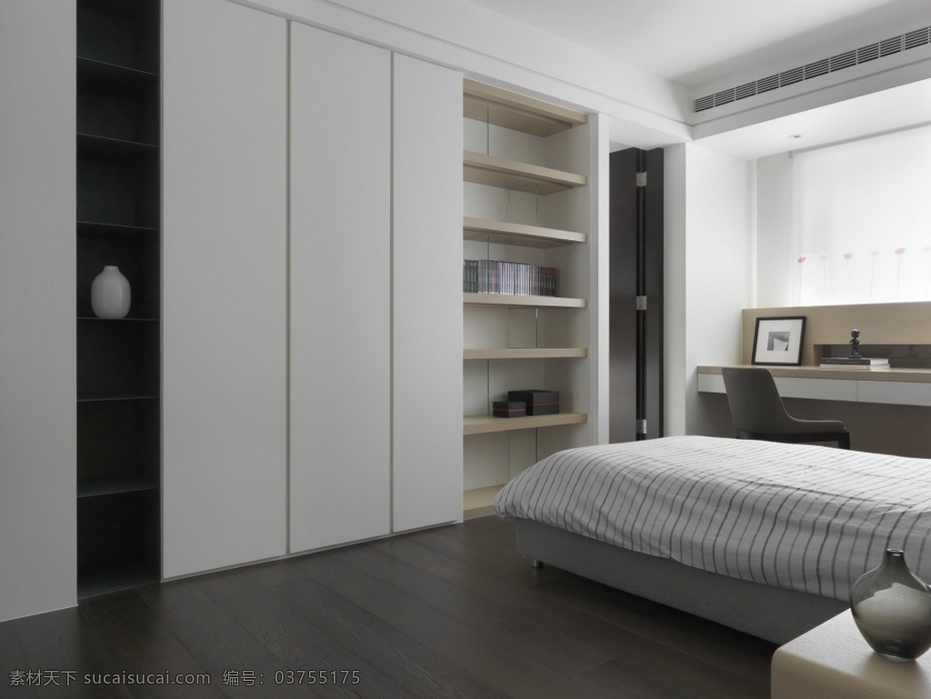 室内 卧室 现代 时尚 装修 效果图 黑色地板 时尚大床 白色 实木 工装 衣柜 简约桌椅 白色吊顶