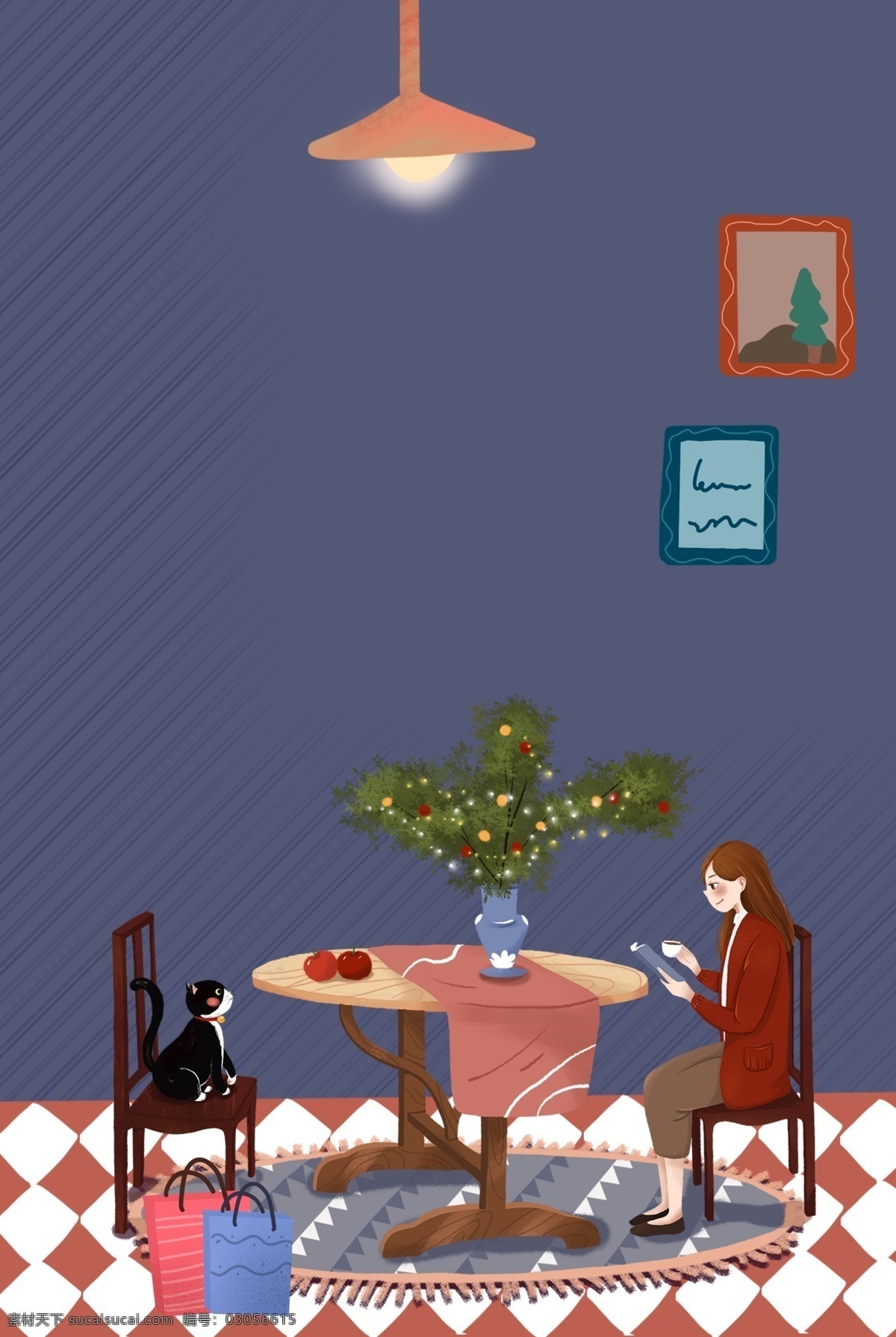 圣诞节 餐厅 吃饭 女孩 宠物 促销 海报 打折 圣诞礼物 圣诞树 猫咪 插画风 banner