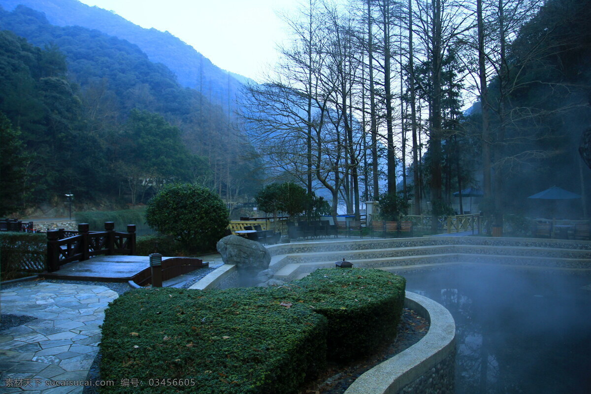 宁海 温泉 轻雾 桥 树 绿山 国内旅游 旅游摄影