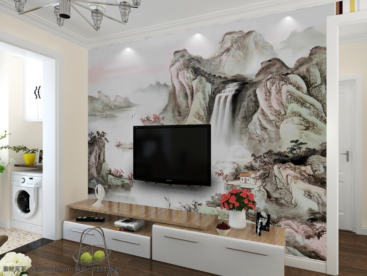 中式 现代 风格 3d 样机 背景