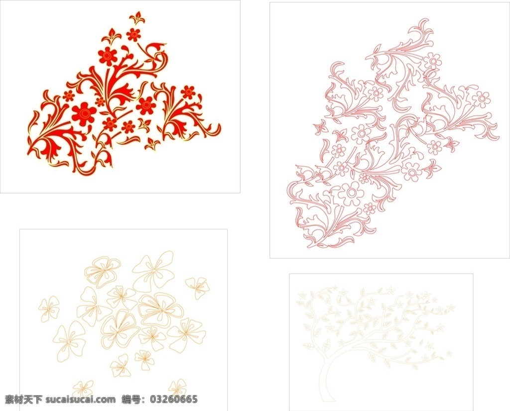 花型 雕刻花四个 四瓣花 镂空花型 红花 手工雕刻图样 线条花型 多多失量图 矢量