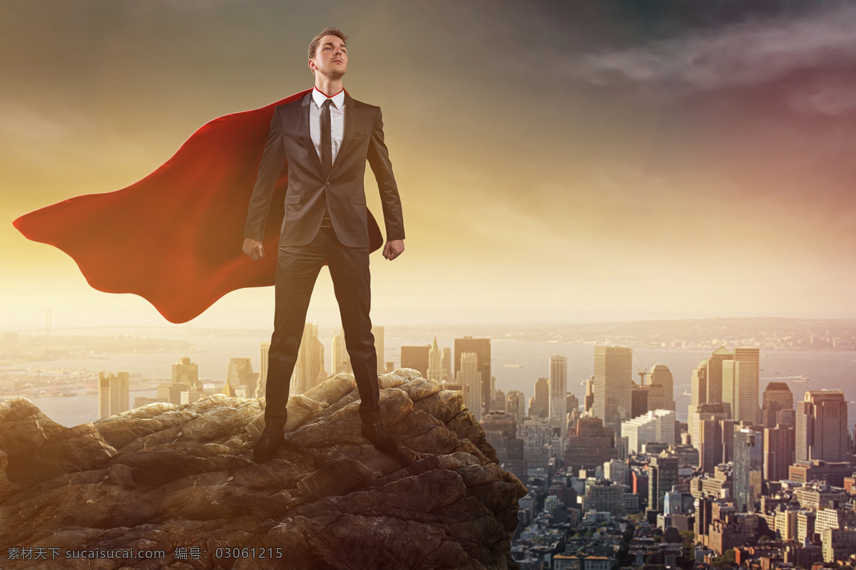 站 山顶 超级 商务 男士 超级英雄 超人 披风 商务男士 城市风光 职业男性 其他人物 人物图片