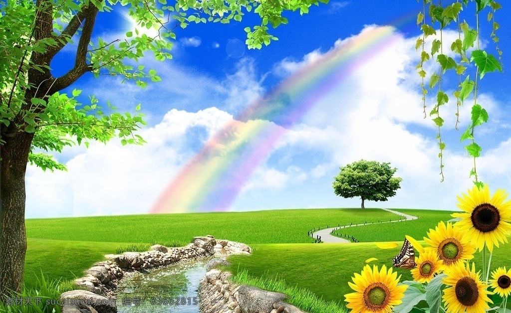 风景图 现代风景 彩虹 葵花 树木 花草 天空 小水 简约 自然景观 自然风光
