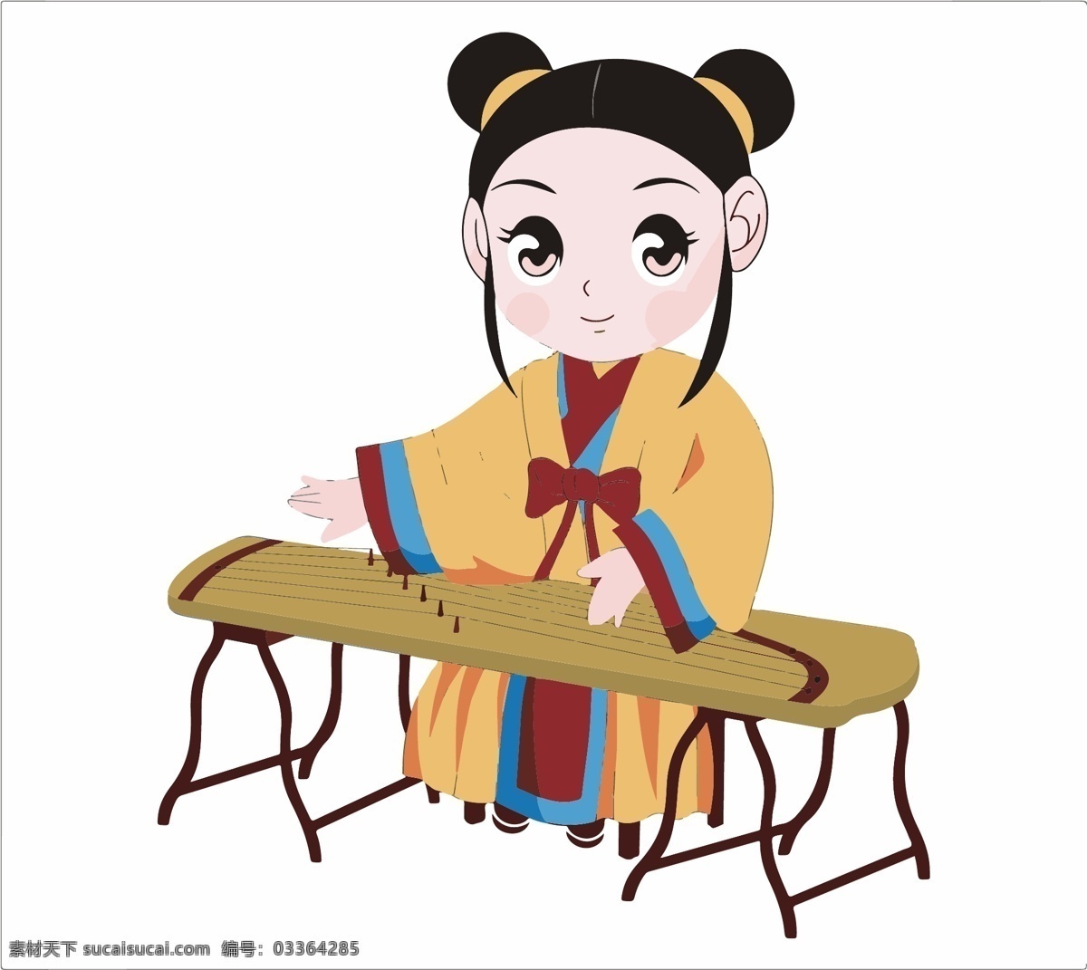 古琴 琴女 抚琴 弹琴 少女 美女 中国风 传统 中国文化 彩图 矢量 白色