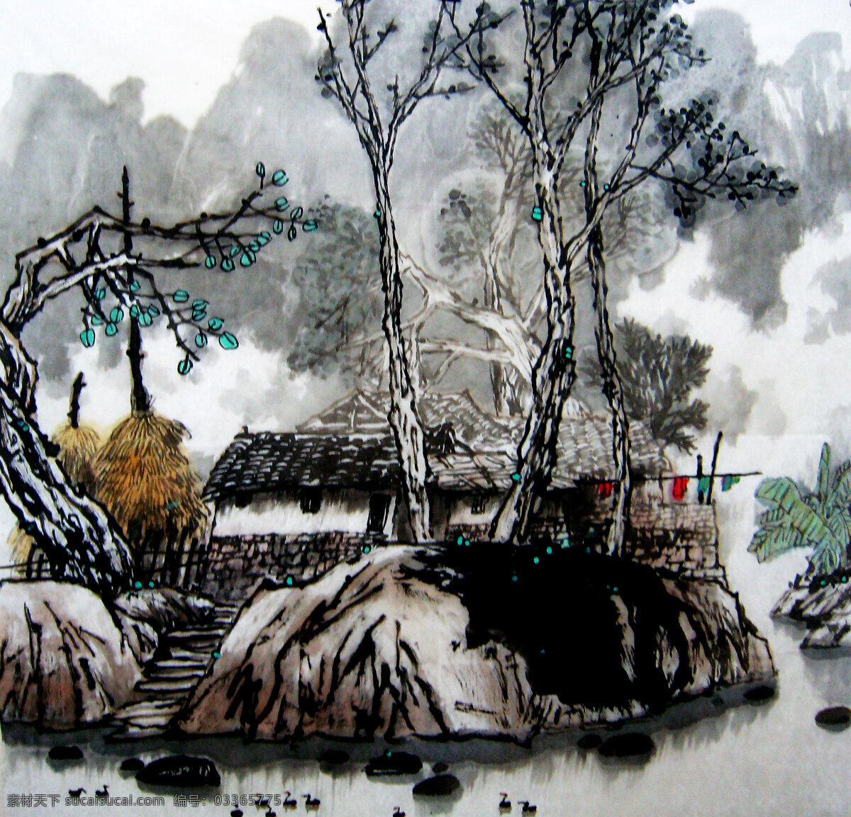 水乡人家 绘画 中国画 水墨画 风景画 现代国画 山水 风景 水乡 房屋 瓦房 石阶 江水 树木 树林 蕉叶 云雾 国画艺术 书法 印章 国画集15 绘画书法 文化艺术