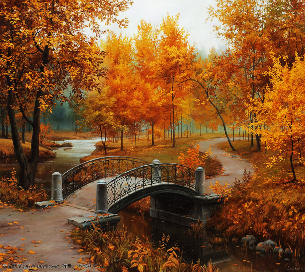 公园秋天 公园 秋天 景色 落叶 小桥 老公园 油画 艺术 绘画 高清 自然景观 自然风光