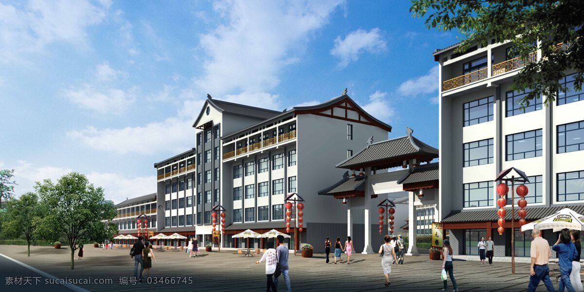 仿古建筑 效果图 3d设计 建筑效果图 蓝天白云 天空 仿古效果图 3d模型素材 其他3d模型