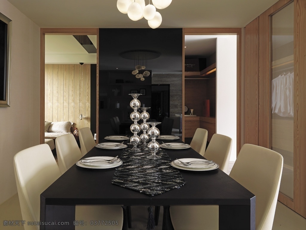 简约 餐厅 个性 吊灯 装修 效果图 壁画 长方形餐桌 灰色墙壁 木质墙壁 桌椅