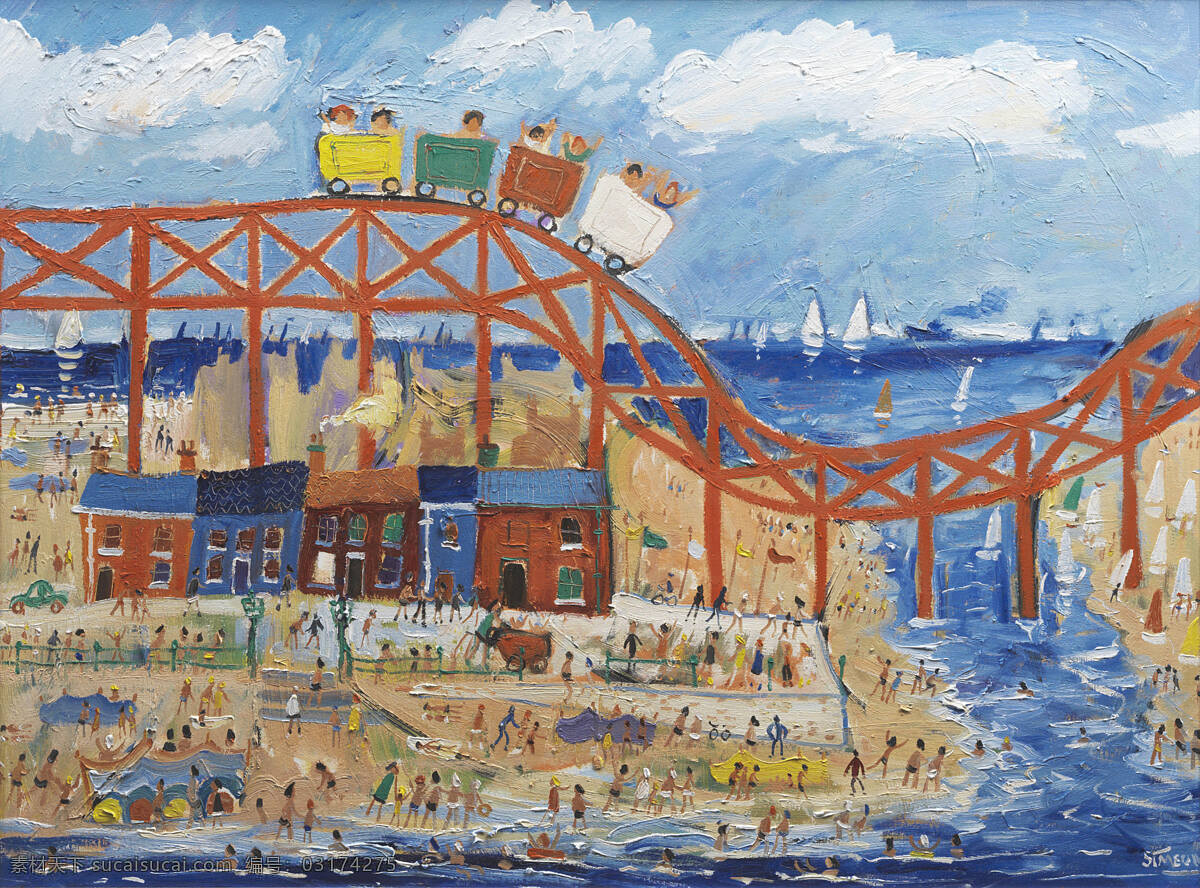 空中飞车 海边 游玩的人们 盛夏 房屋 20世纪油画 油画 绘画书法 文化艺术