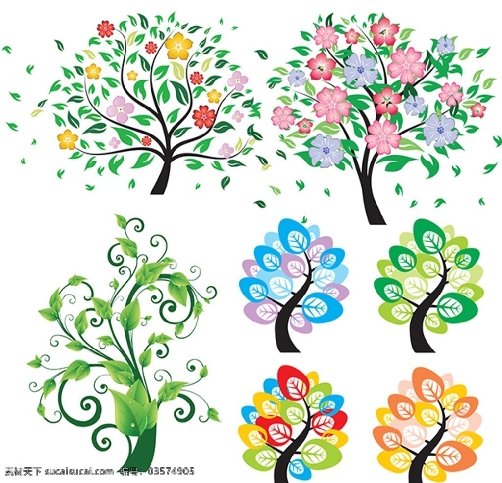 树素材 环保素材 绿树 可爱树 卡通素材 抽象树 矢量树 彩色树 花树 花卉植物 分层