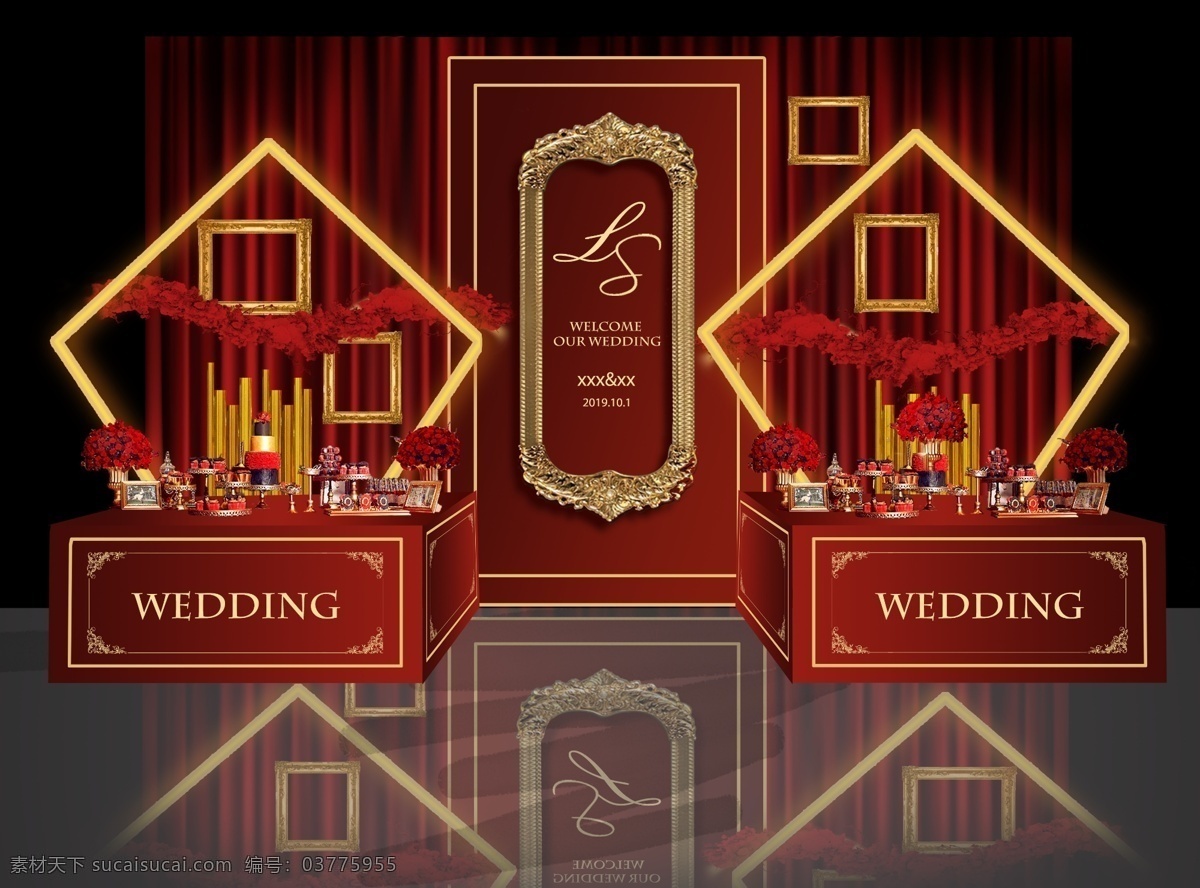 欧式 红 金 婚礼 效果图 婚礼效果图 相框 金色 红金