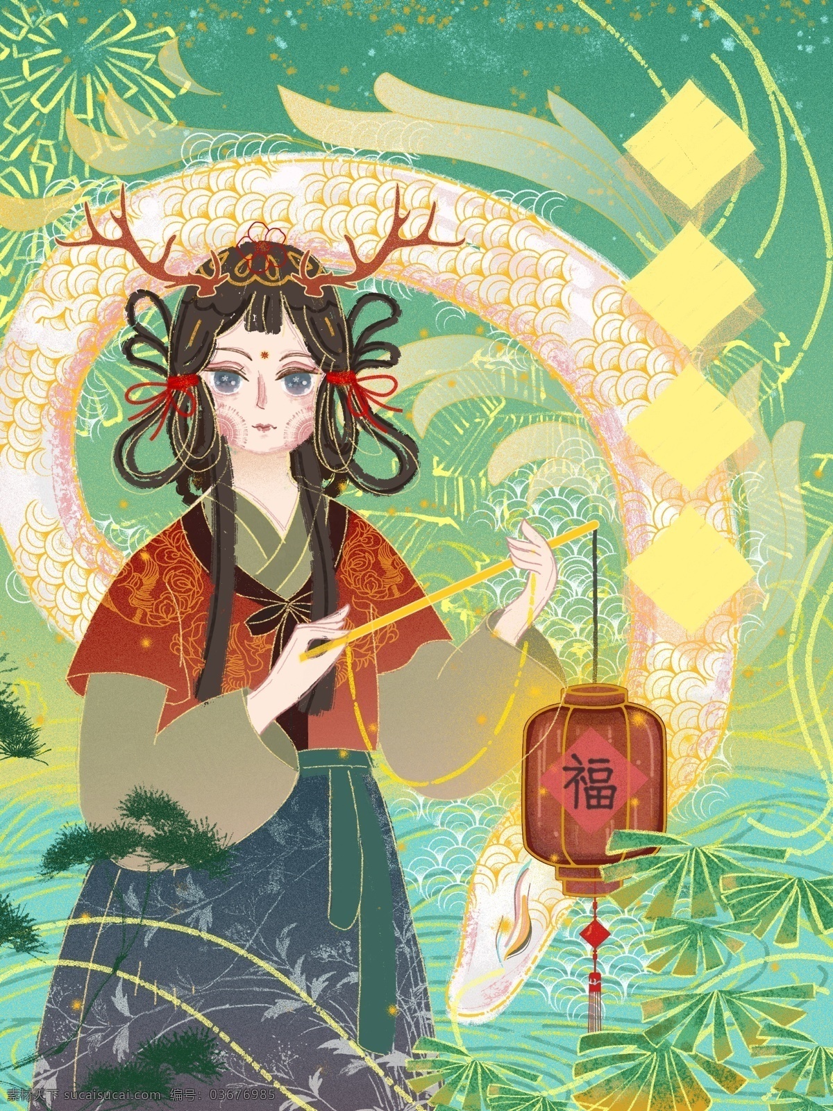 唯美 清新 中国 风 古装 少女 贺 新年 龙 中国风 植物 元旦 蛇 灯笼 复古 神话 传说
