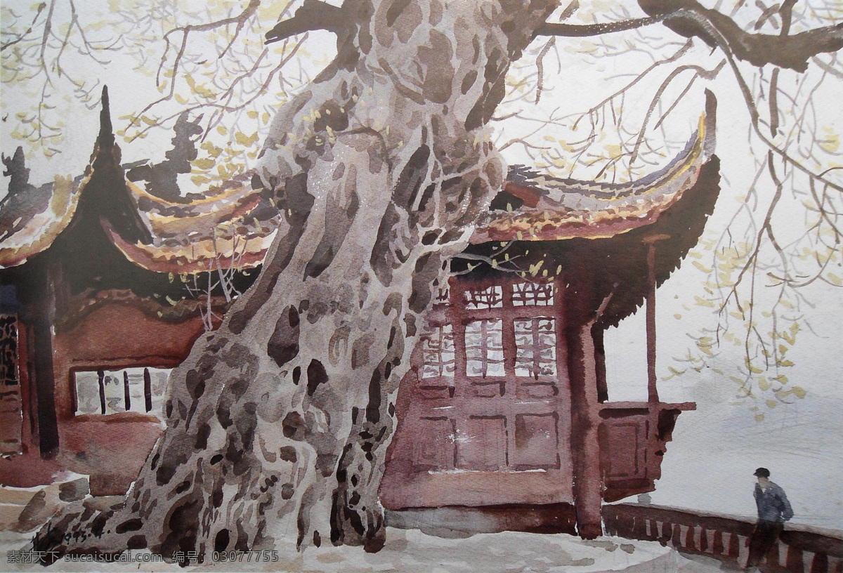 大树 风景 古典 绘画书法 水彩 水彩风景画 水彩画 设计素材 模板下载 寺庙 庙宇 文化艺术 家居装饰素材 山水风景画