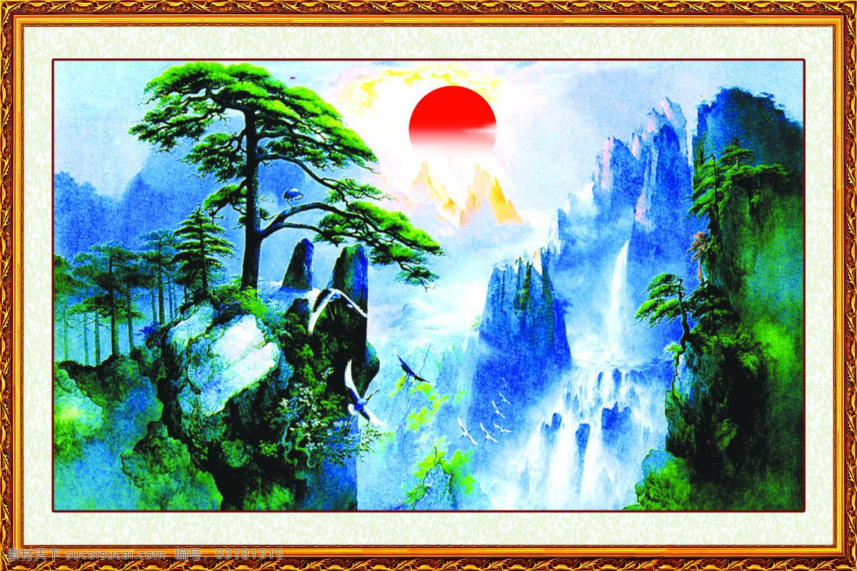 壁画 风景画 古典边框 鹤 日出 山 松树 迎客松 实际 像素 下 有点 不 清晰 设计素材 模板下载 太阳 自然风光 自然景观 家居装饰素材 山水风景画