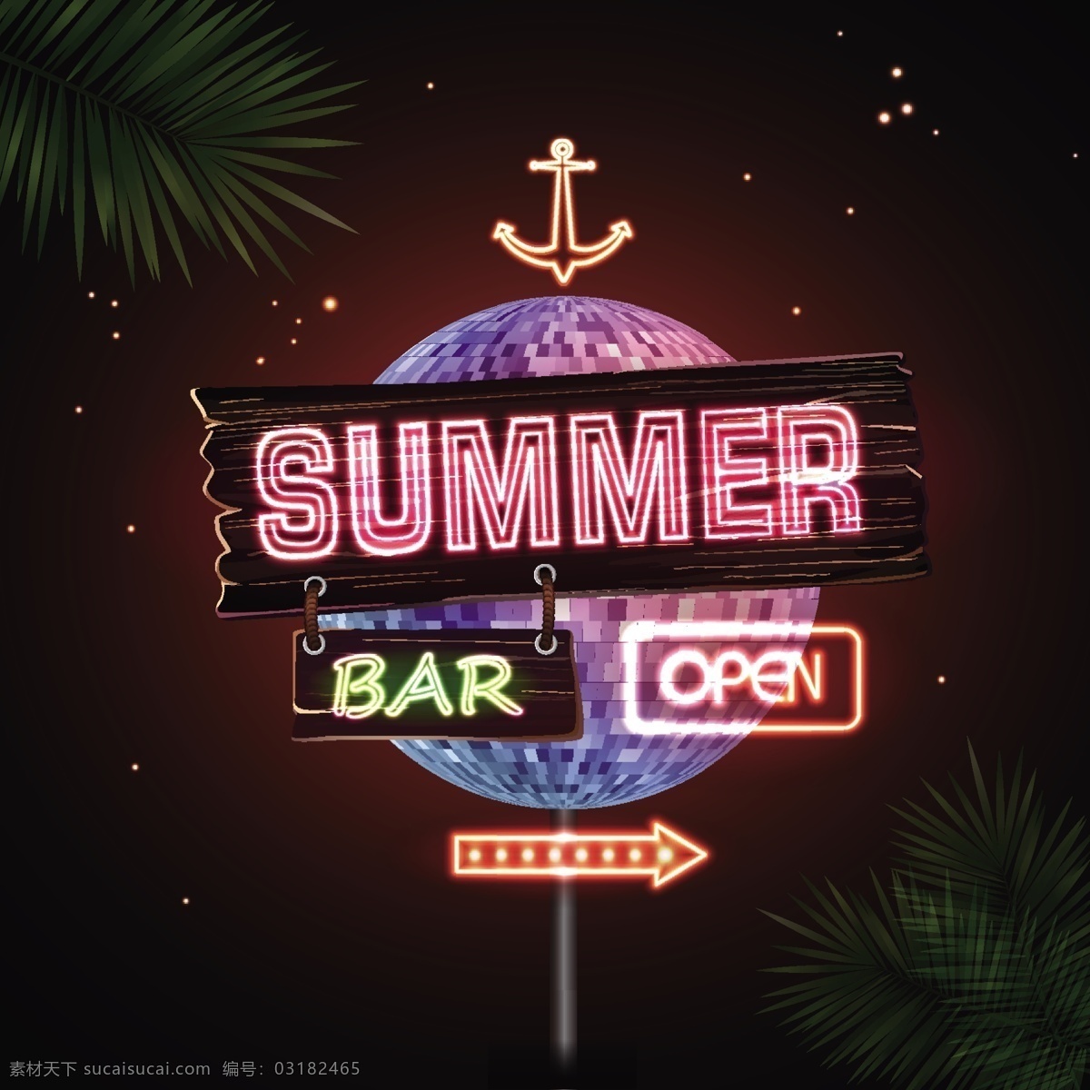 夏日 酒吧 霓虹灯 招牌 矢量 星星 夜晚 棕榈树 夏季 船锚 summer 矢量图 eps格式 黑色