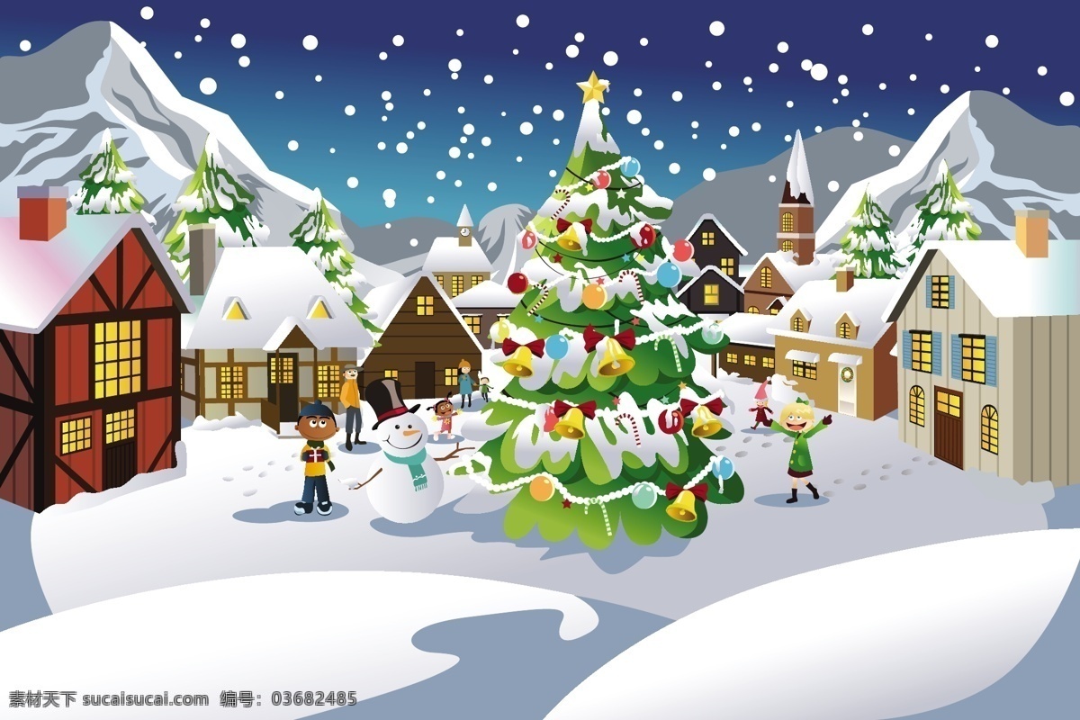 圣诞节 雪景 矢量图 村庄 节日 卡通 圣诞 花纹花边