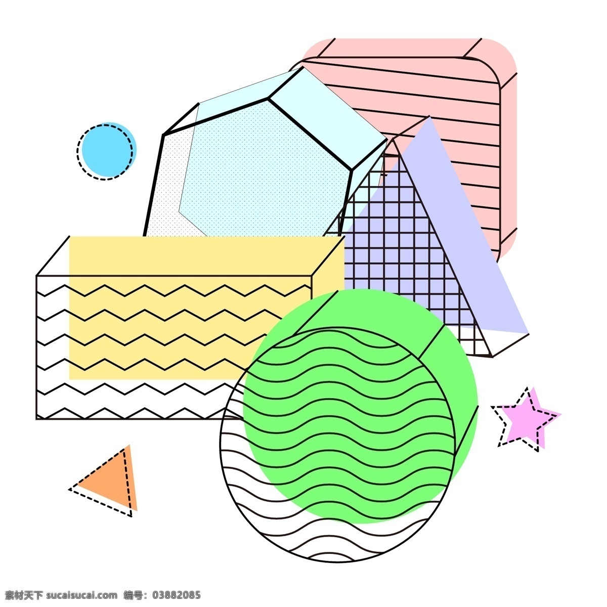 孟菲斯 立体几何 商用 装饰 i 元素 撞色 多色 网格 波浪 线段