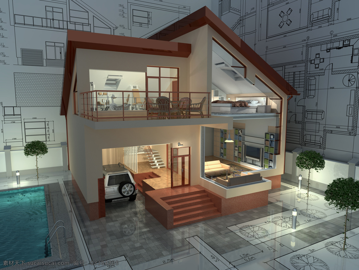 建筑结构 透视图 别墅设计图纸 建筑设计 别墅 3d 效果图 建筑效果图 卡通房子 别墅设计 洋房建筑设计 环境家居