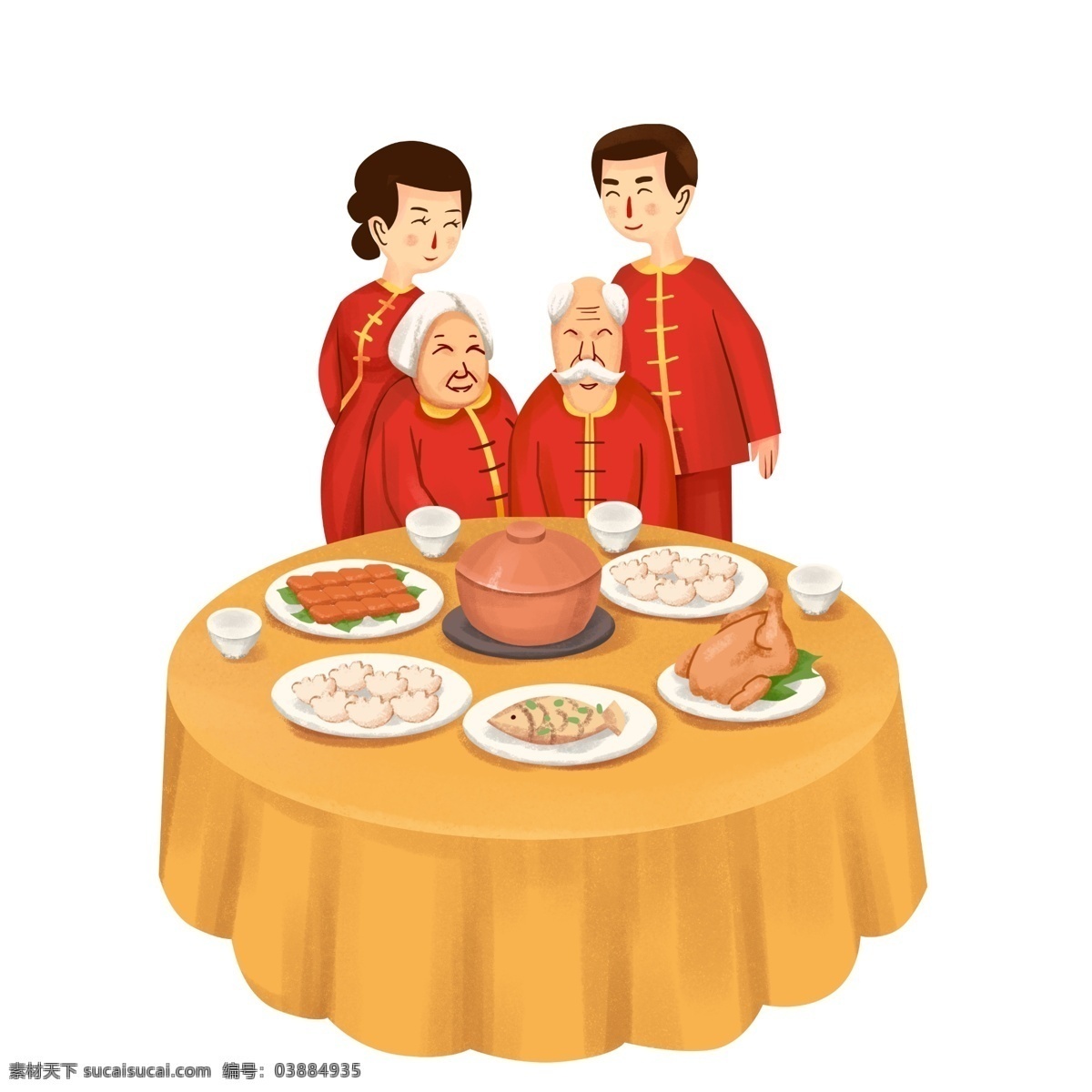 全家 一起 吃 团圆饭 新年 快乐 红色 金黄 新年快乐 餐桌 饺子 2019年 猪年大吉 鸡鱼 喜气洋洋 男人女人 爷爷奶奶