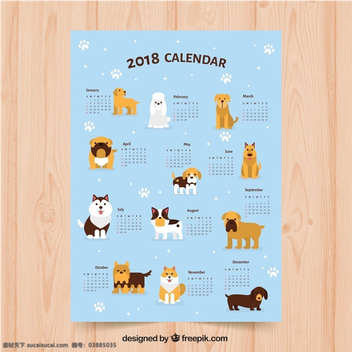 创意 2018 年 狗年 年历 矢量 卡通 动物 节日 元素 新过 2018年 月历