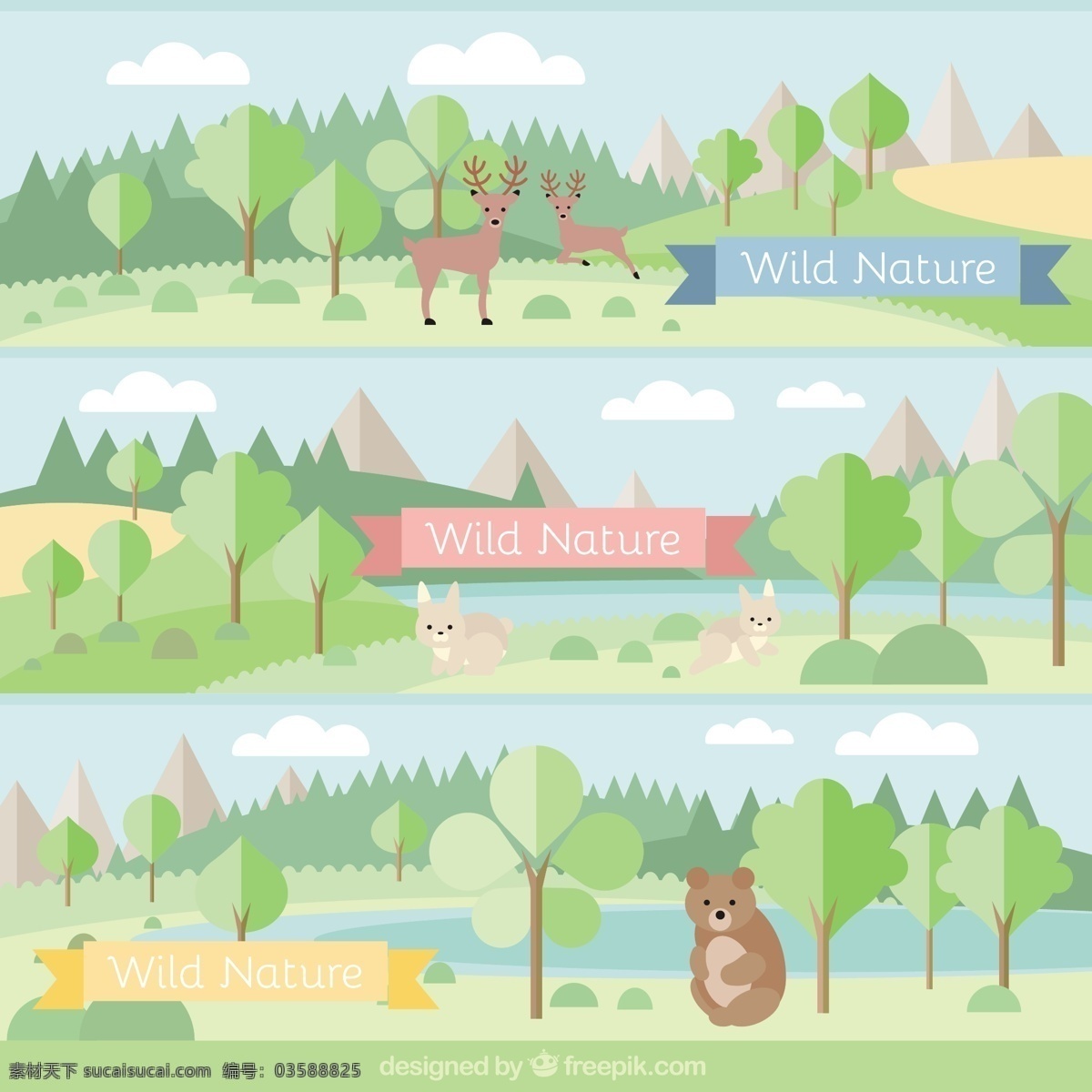 带动物的森林 旗帜 树 花 自然 绿色 叶 动物 春天 景观 平坦 森林 树叶 熊 兔 平面设计