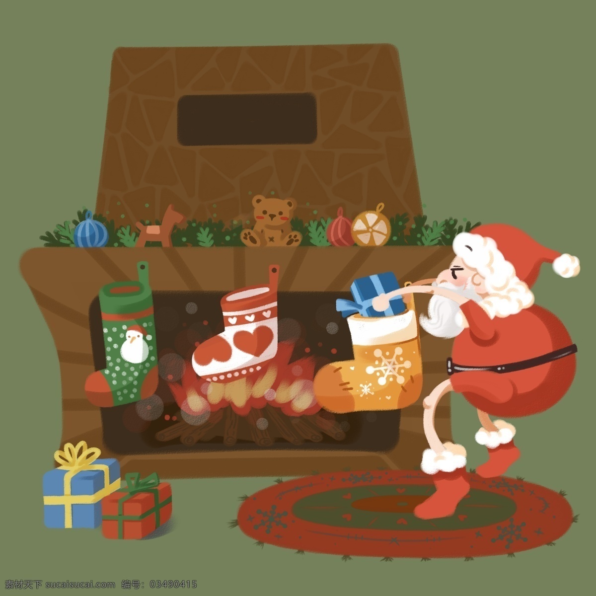 手绘 圣诞 平安夜 圣诞老人 偷 放 礼物 可爱 袜子 地毯 萌 圣诞袜 礼物盒子 火炉 壁炉