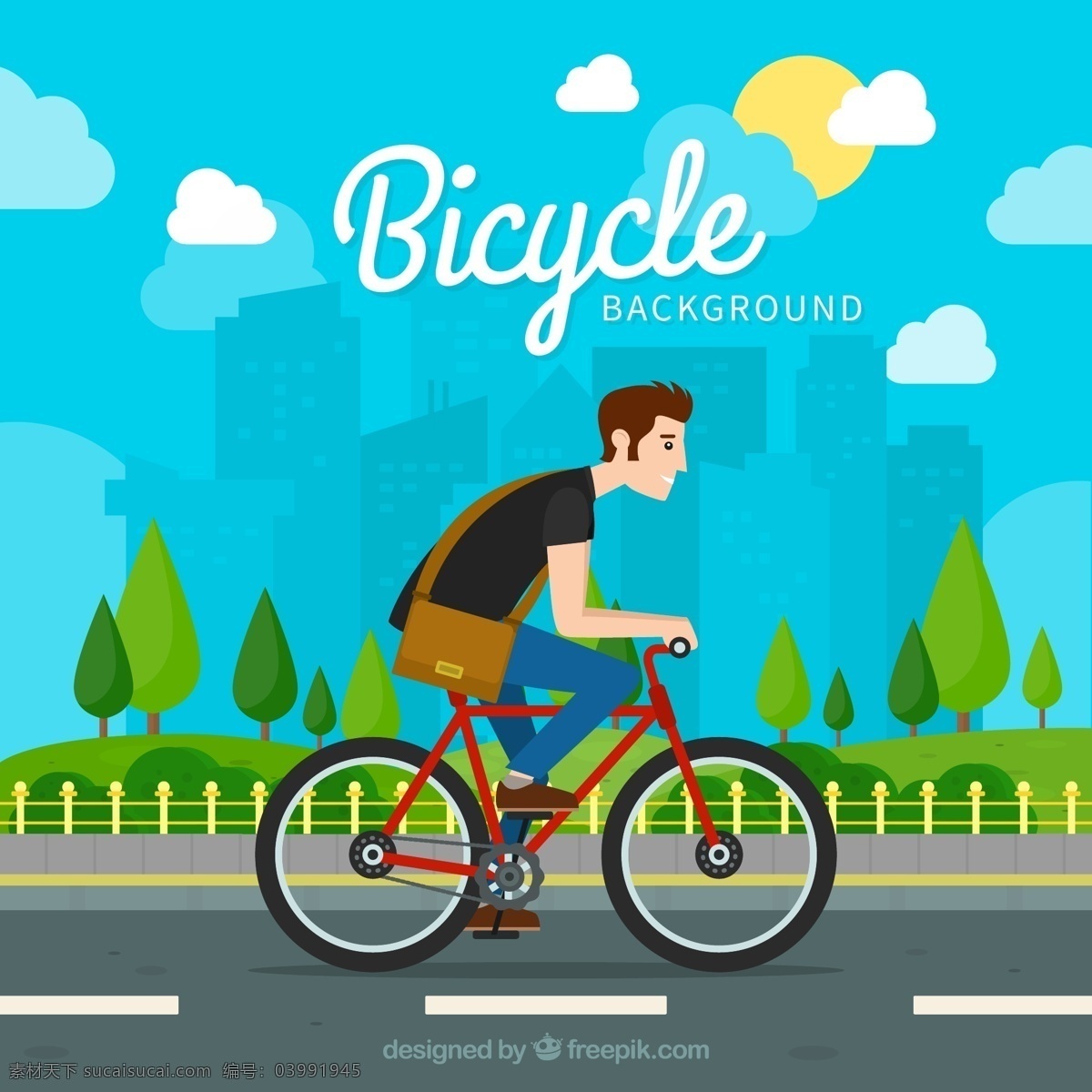 骑 单车 城市 男子 矢量 人物 自行车 花朵 白云 太阳