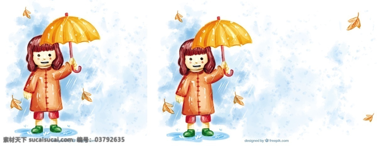 带 雨伞 水彩 笑脸 女孩 背景 树叶 自然 性格 可爱 秋天 微笑 快乐 孩子 五颜六色 丰富多彩 雨 伞 现代 树木