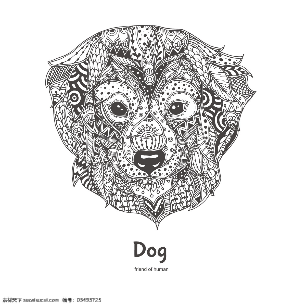 黑白 手绘 艺术 狗 插画 动物 狗头 花纹 卡通 小狗