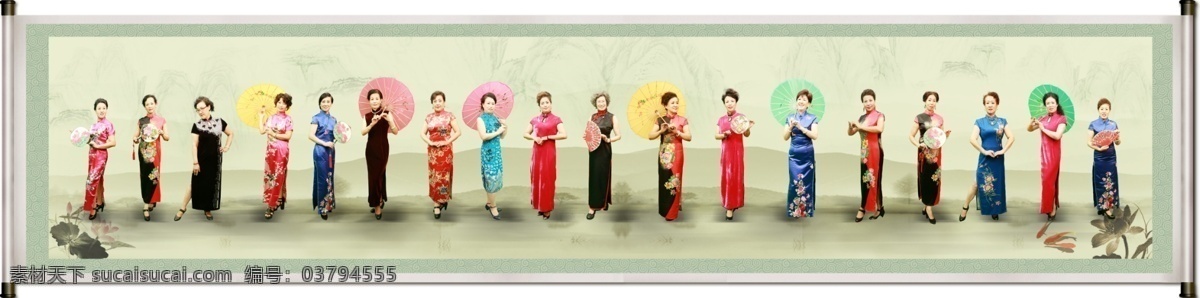 卷轴画画轴 画卷画轴设计 水墨山水风格 女性旗袍拍照 中国风组合 社区 大妈 旗袍 秀