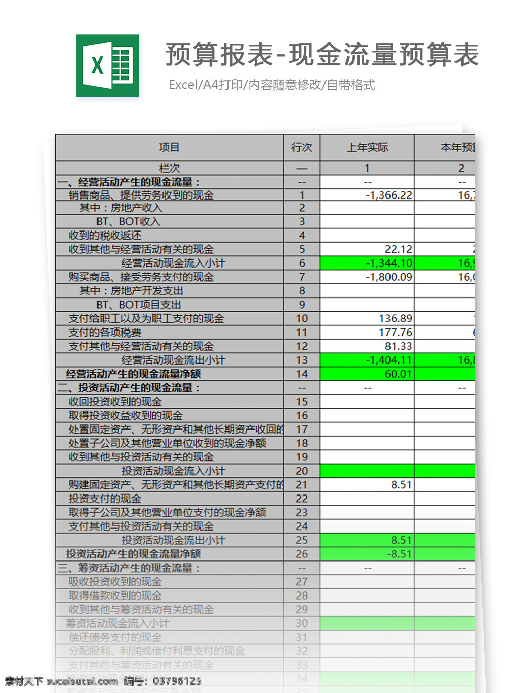 预算报表现金流量预算表excel模板素材图片下载-素材编号03796125-素材天下图库