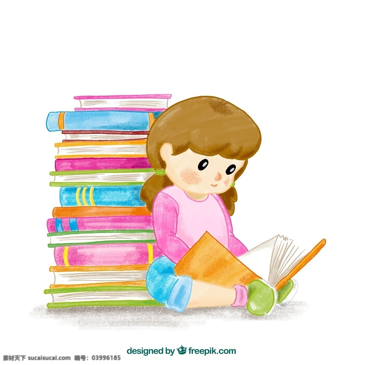 彩绘 读书 女孩 书籍 阅读 矢量图 格式 矢量 高清图片