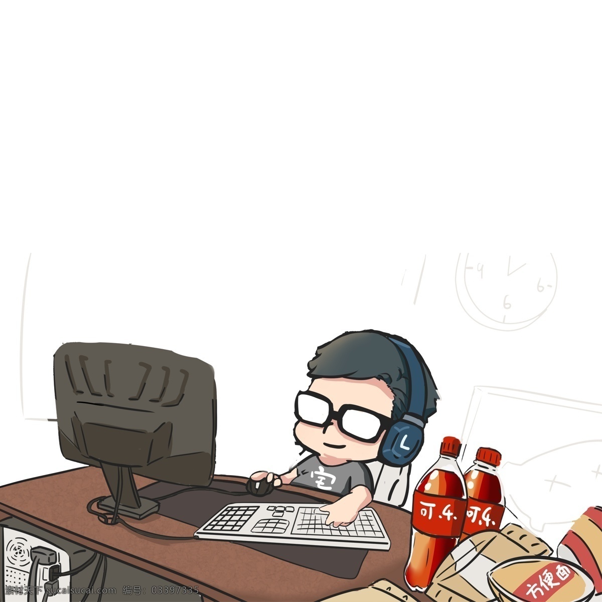 深夜 开 黑 肥 宅 手绘 漫画 人物 插画 玩电脑 零食 宅男 深夜开黑