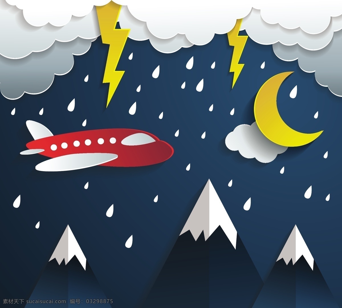 卡通 夜晚 雨 中 飞行 飞机 矢量 雨中