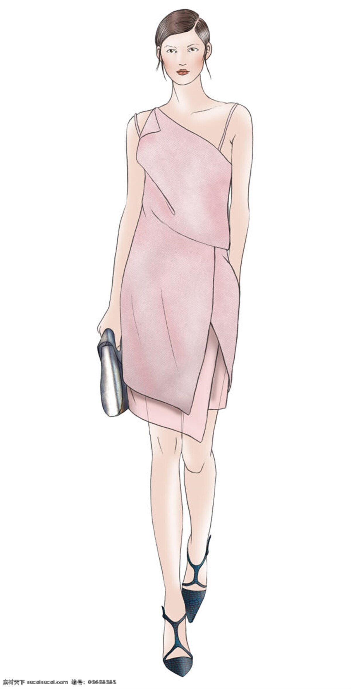 服装设计 服装效果图 女装 简约 温婉 粉色 吊带 裙 效果图 深色单鞋 粉色吊带裙