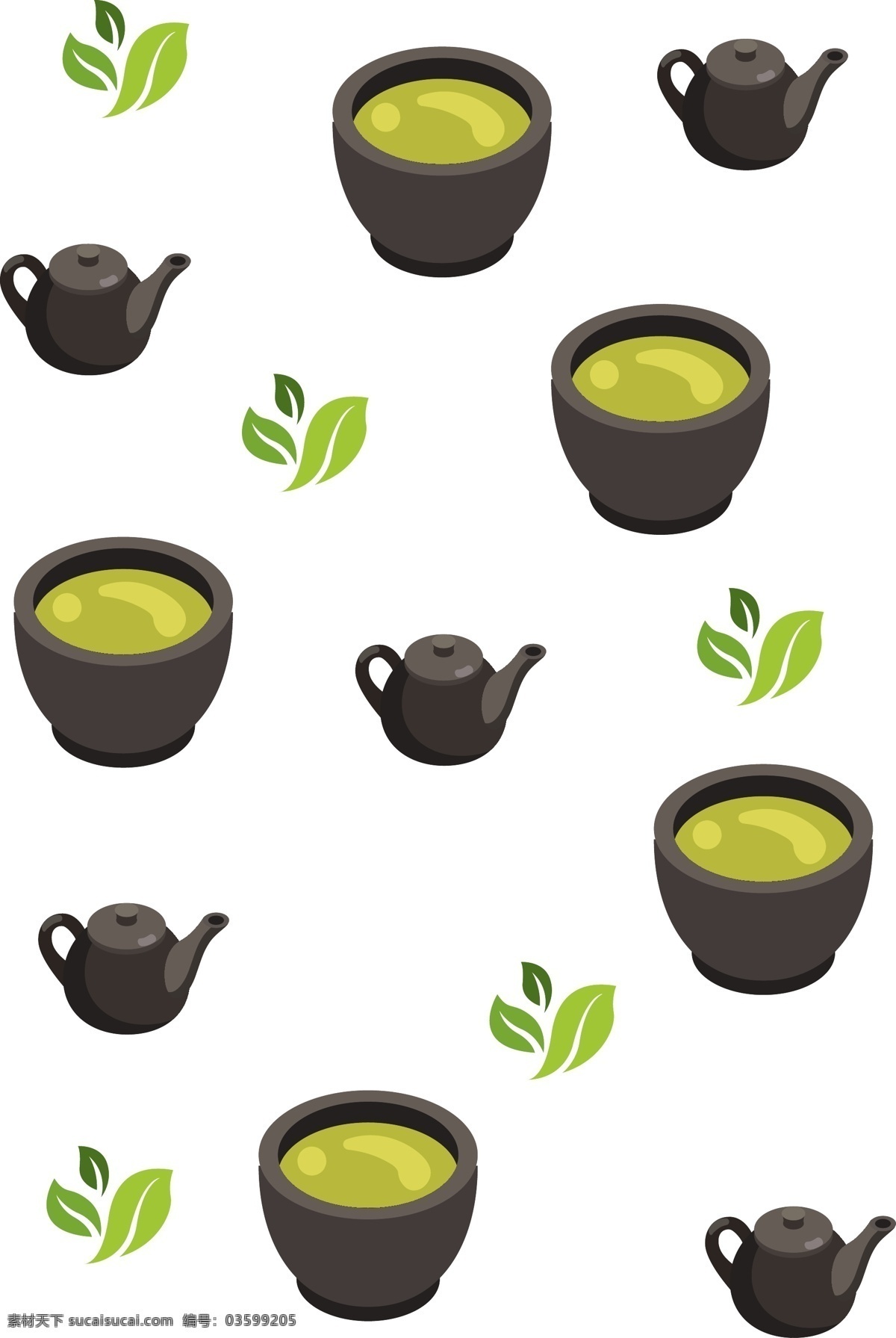 手绘 茶壶 饮料 底纹 插画 黑色的茶壶 绿色的茶叶 卡通插画 手绘插画 茶叶茶饮 果汁 水果 龙井的茶饮