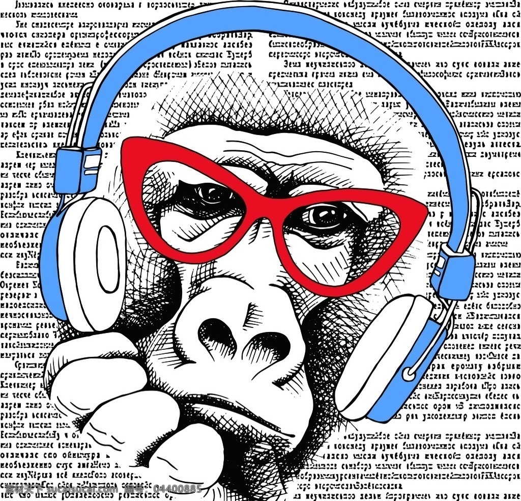 戴 蓝 耳机 猩猩 眼镜框 报纸 蓝色 报纸素材 环境设计 无框画