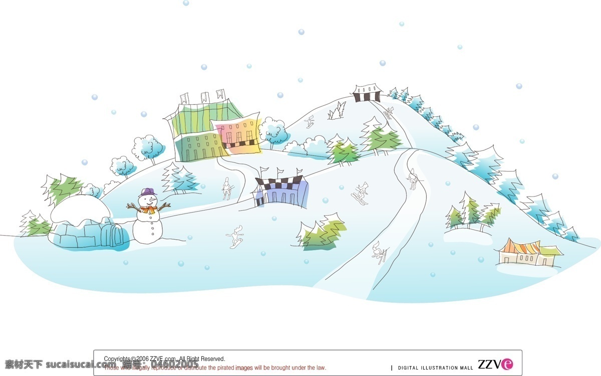 滑雪场 矢量 插画 冬季 大雪 滑雪道 滑雪 雪人 松树 度假村 雪山 矢量插画 动漫动画 风景漫画