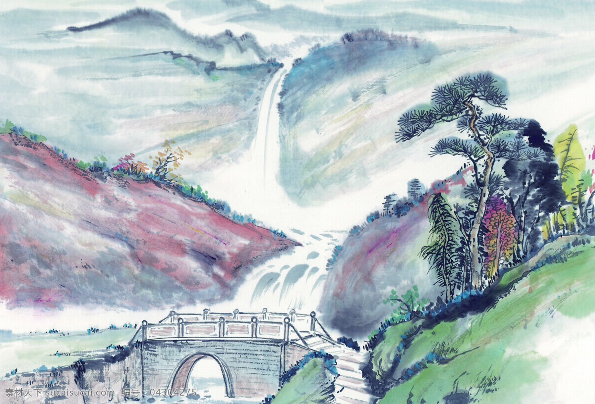 中国 国画 篇 山水 水墨 拱桥 瀑布 远山 山林 文化艺术 绘画书法