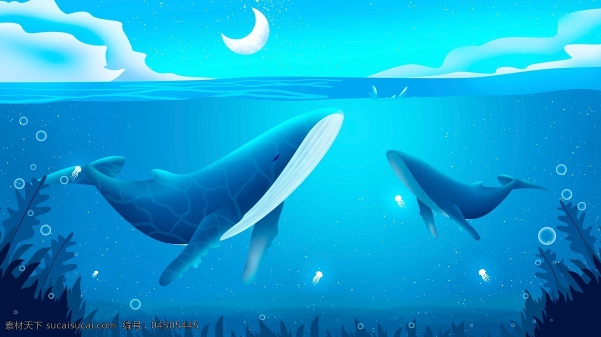 蓝色 海洋 中 嬉戏 两 只 鲸鱼 卡通 背景 两只