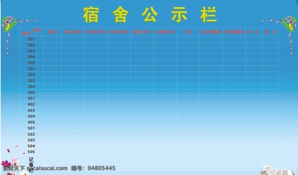 宿舍公示栏 宿舍 项目 班别 记事栏 校园文化宣传 矢量