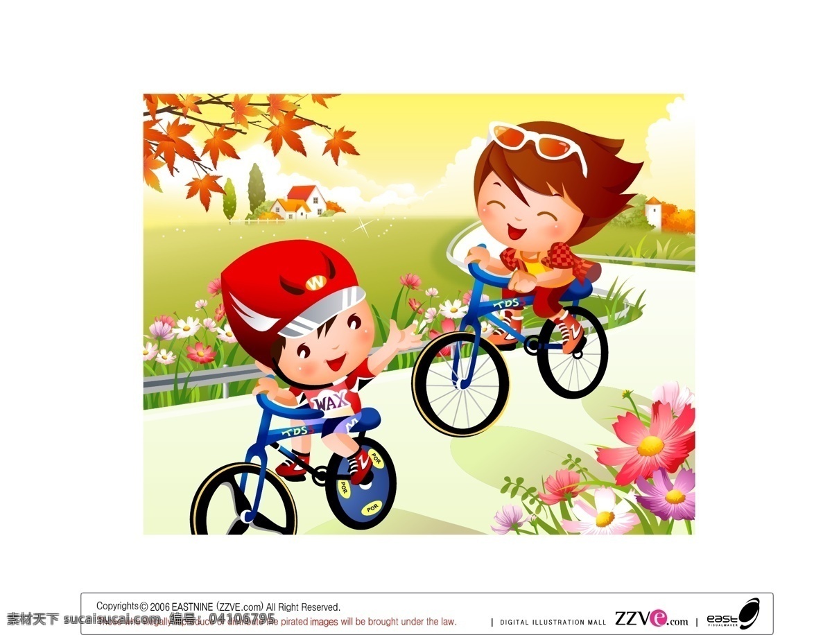 骑 脚踏车 男孩 女孩 春暖花开 矢量图 骑脚踏车 可爱 其他矢量图