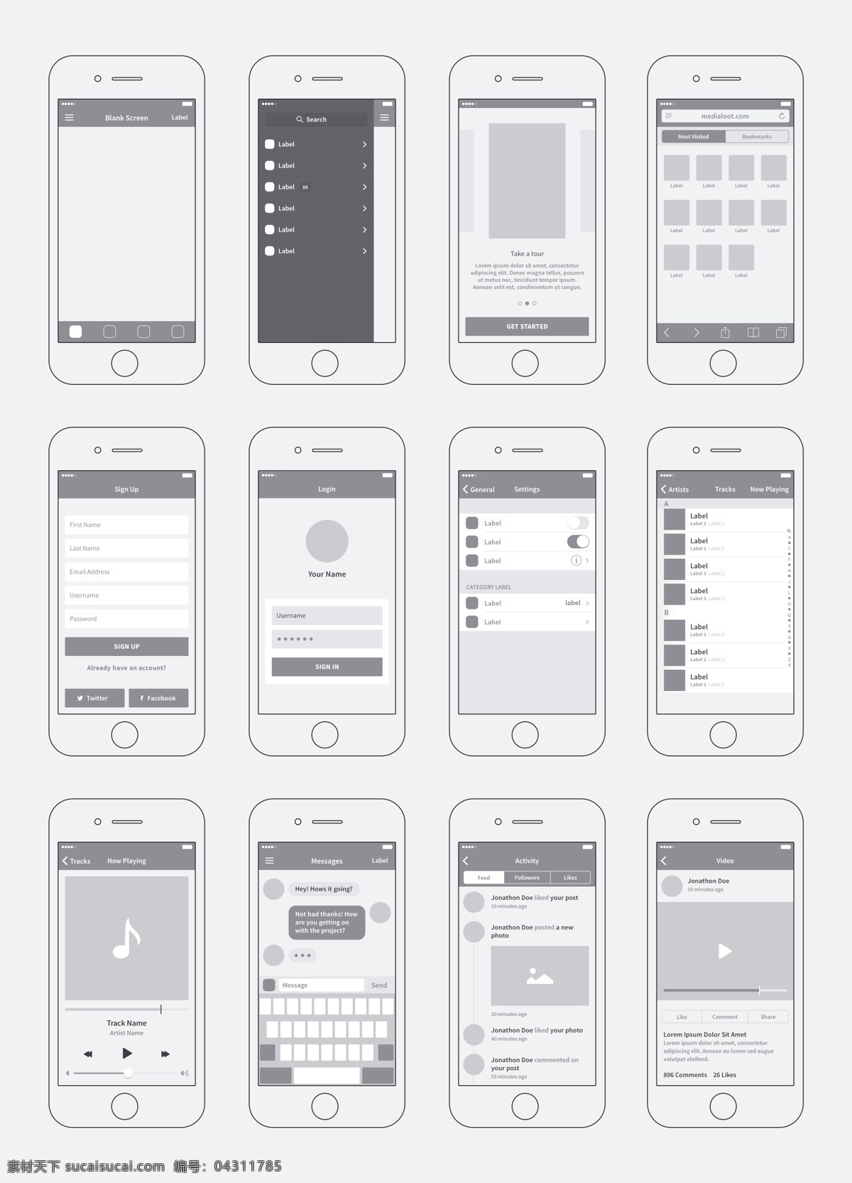 简洁 线 框 app 产品设计 通用 模板 设计框架 框图 iphone 70apps 白色