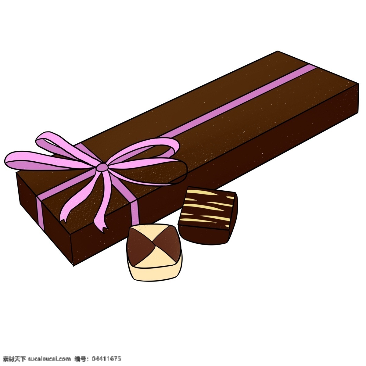 手绘 巧克力 礼物 插画 方形盒子 美味的巧克力 方巧克力 粉色丝带装饰 棕色 盒子